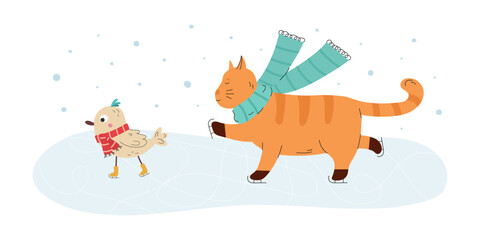 Cute friendly cat and bird Ice skating together