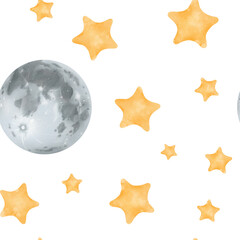 Watercolor seamless pattern of a starry night sky. Yellow stars and a detailed gray moon. Cosmic theme for kids. Ideal for decorating children's rooms, textiles, baby apparel, and notebooks