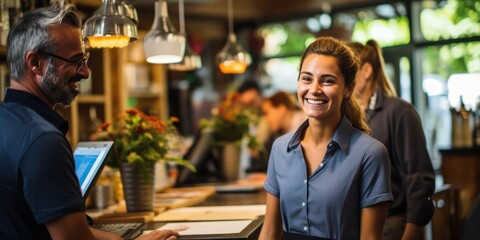 young and attractive saleswoman, cashier serving customers, generative AI - obrazy, fototapety, plakaty