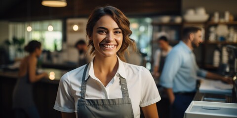 young and attractive saleswoman, cashier serving customers, generative AI - obrazy, fototapety, plakaty