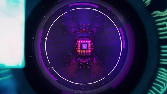 Conceptual technology video. Microchip embedded in the eyeball. The camera slowly moves from inside the eye showing modern scientific achievements.