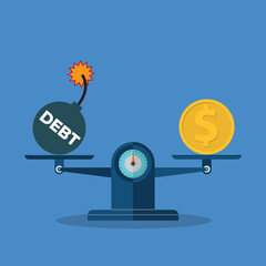 Debt and income on scales. Weighing, balance, debt statistics .	