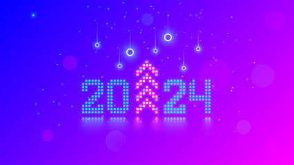 New Year digits 2024 and Christmas tree in tech style. 20 24 consist of neon dots or pixels on blue pink background. 2024 New Year card digital technology. Banner with digits 2024 on computer screen.
