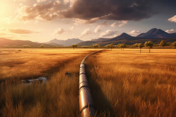 An oil pipeline running through a vast grassland landscape with mountains in the background. - obrazy, fototapety, plakaty