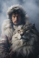 portrait of a warrior with a wild cat