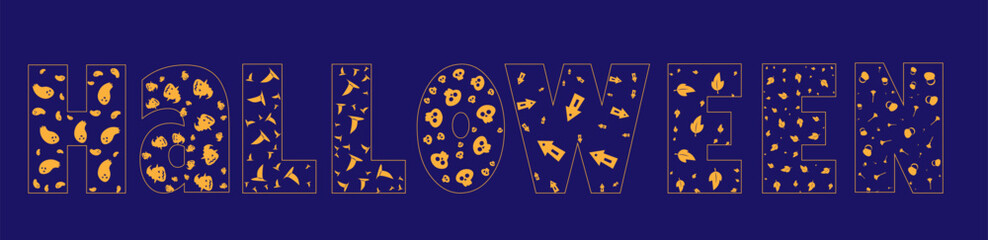 word Halloween made of elements and symbols , Orange Pumpkin, Bats and Skull