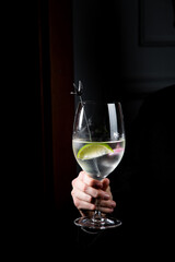 transparent cocktail with lime in a wine glass on a dark background side view
