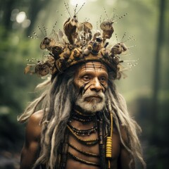 A rugged man adorned in a majestic headdress gazes confidently into the distance, his beard framing his weathered face as he stands against a vibrant outdoor backdrop