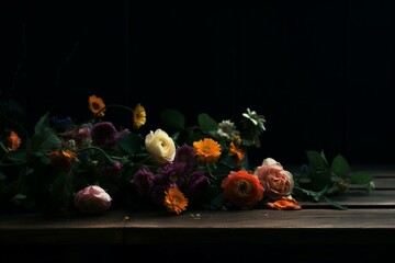 flowers resting on a dark table. Generative AI