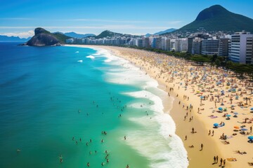 View of Copacabana beach, Rio de Janeiro, Brazil, Copacabana beach in Rio de Janeiro, Brazil. Copacabana beach is the most famous beach of Rio de Janeiro, Brazil, AI Generated - obrazy, fototapety, plakaty