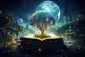 Fantasy landscape with magical tree and magic book. 3D rendering, Copyrighted Material, Intellectual Property Copyright, AI Generated