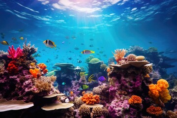 Naklejka na ściany i meble Underwater view of coral reef with tropical fish. Underwater world, Coral garden seascape and underwater world, AI Generated