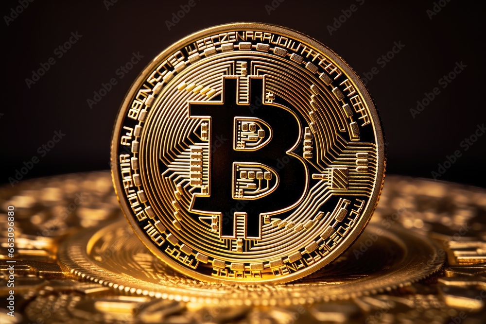 Poster bitcoin. cryptocurrency. physical bit coin. digital currency. cryptocurrency. golden coin with bitco