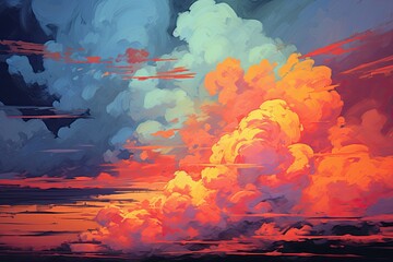 abstract scene with smoke and fire in the sky, vector illustration, cumulonimbus sunset impasto post impressionism neon vibrant dramatic, AI Generated