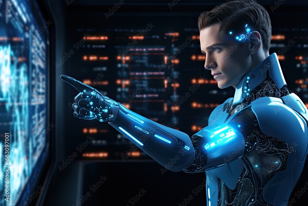 Canvas Prints 3d rendering of a male cyborg pointing to a hologram screen, cyber digital world android robot point