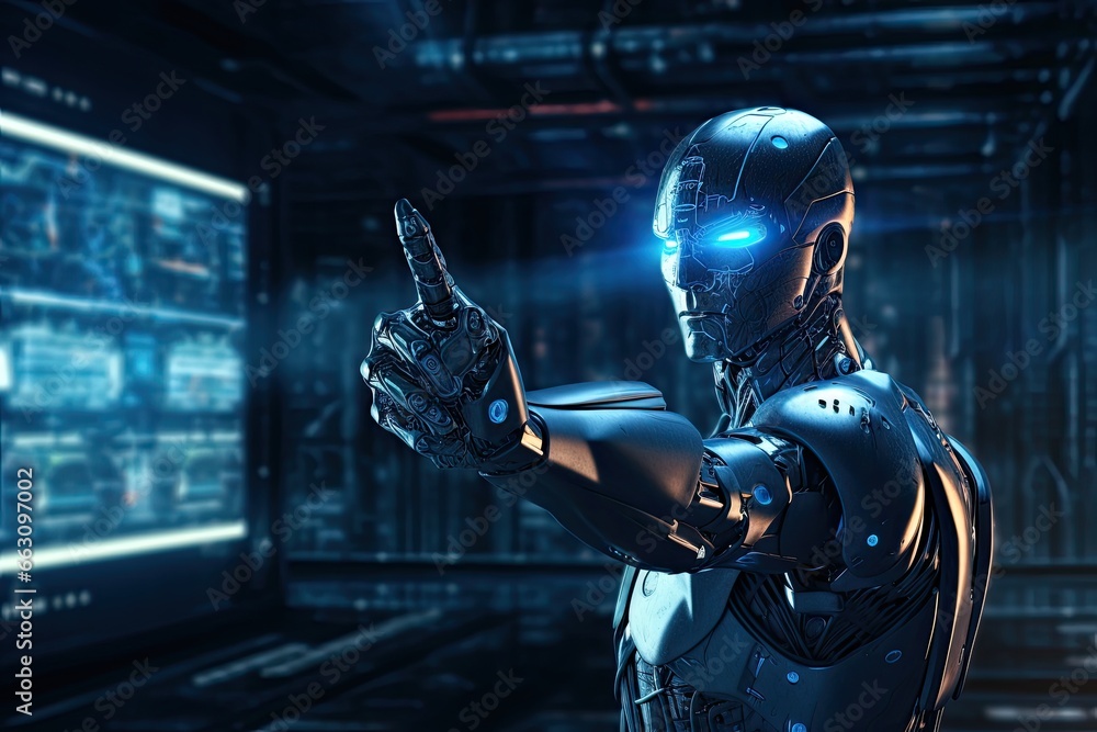Poster cyborg woman pointing with finger on blurry background. 3d rendering, cyber digital world android ro