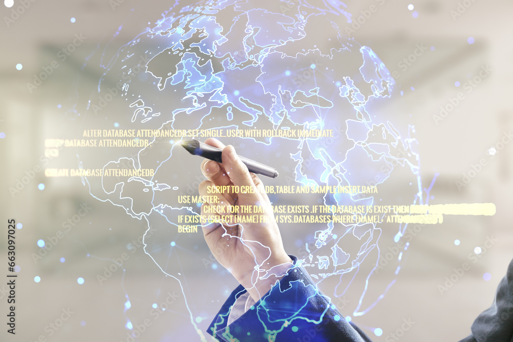 Poster double exposure of male hand with pen working with abstract programming language and world map on bl