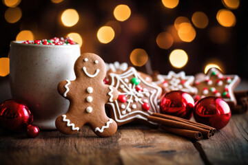 A Christmas background of a tabletop with cookies and Christmas lights. In the background a bokeh of lights.