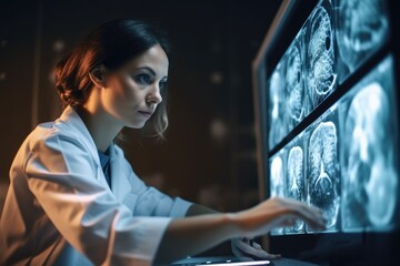 Young female doctor looking at x-ray image of lungs. Medical and healthcare concept. A female doctor examines an MRI image, AI Generated - obrazy, fototapety, plakaty