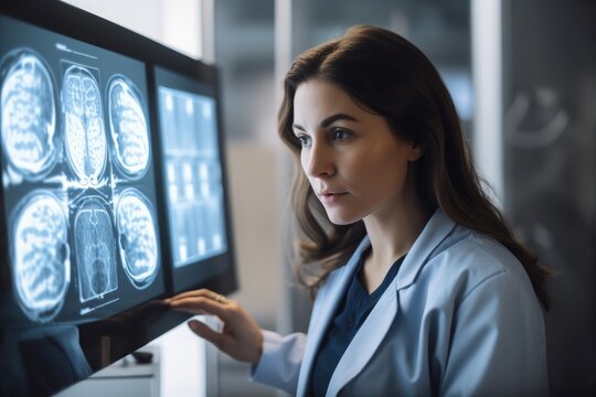 beautiful radiologist looking at an x-ray of lungs in clinic, A female doctor examines an MRI image, AI Generated