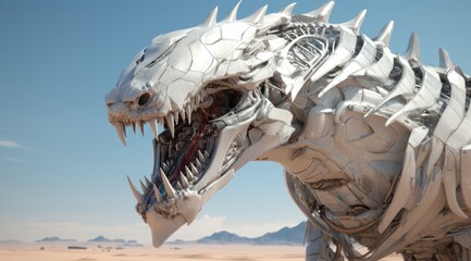 An ancient robotic tyrannosaurus, soaring through the sky with sharp teeth bared, a fusion of mammal and machine, a living fossil in the wild outdoors