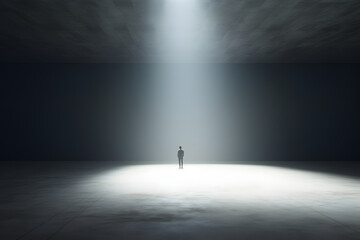 Crisis Problem Concept. Man standing in a white empty hall. Lack of Perspective Concept. Out of Ideas. Business Depression Lost.  - obrazy, fototapety, plakaty