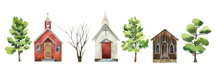 Wooden old country Church Hand painted watercolor illustration, christian religion logo - obrazy, fototapety, plakaty