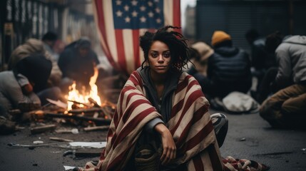 A girl is sitting on the ground among the city streets next to the US flag, surrounded by other people. - obrazy, fototapety, plakaty