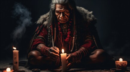 Fototapeta premium The flickering flame of a lone candle illuminates the somber figure cloaked in fabric, igniting a sense of mystery and introspection