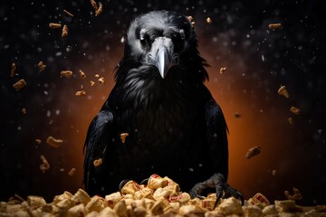 In a sea of colorful cereal, a majestic black crow stands, its piercing gaze exuding both mystery and power as it surveys its kingdom