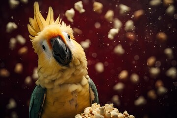 A vibrant parrot with a yellow beak indulging in a crunchy snack of popcorn, showing the playful and carefree nature of this colorful animal