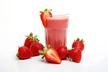 Isolated Glass of Strawberry Juice and Strawberries Empty White Background. Fresh organic Fruit. Restaurant Breakfast Menu Drink 