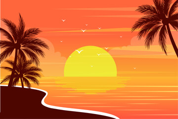 Summer background with sunset and palm trees landscape