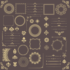 Vintage set of horizontal, square and round elements. Golden elements for backgrounds, frames and monograms. Classic patterns. Set of vintage patterns