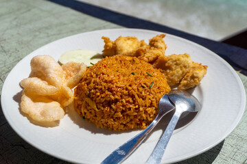 Fried rice on white plate. Delicious fried rice served with crispy chicken and crackers