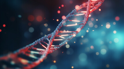 Blue and red particles dna helix glowing over dark background