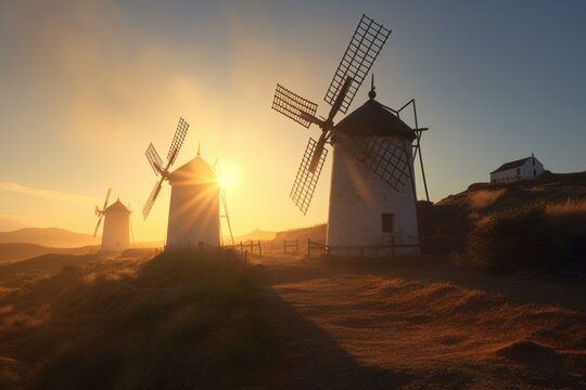 windmills illuminated by sunlight from behind. Generative AI