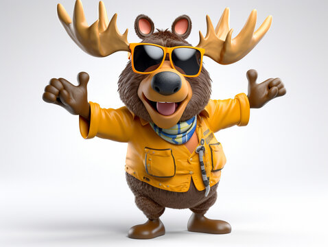 A Cartoon 3D Moose Wearing Sunglasses on a Solid Background
