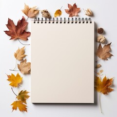 A notebook lies on a white background, surrounded by dry maple leaves. Blank space for writing messages.