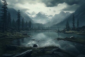 Misty lake surrounded by mountains. Generative AI