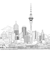 Auckland New Zealand cityscape black and white coloring page book for adults. Seafront megapolis skyline, buildings, street, landmarks vector outline sketch for anti stress