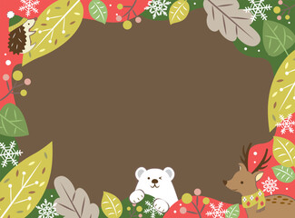 冬の植物とかわいい動物のフレーム　クリスマス