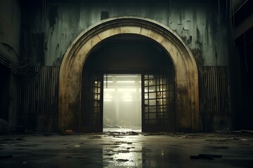 an abandoned building with an opening door to the outside, arched doorways, art deco, rusty debris....