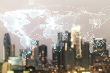 Abstract graphic digital world map hologram with connections on blurry skyscrapers background, globalization concept. Multiexposure