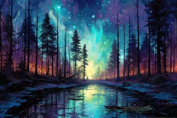 Obraz na płótnie Canvas Winter evening radiating forest with starry night sky