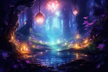 Obraz na płótnie Canvas Dark Forest with Purple Glowing Mushrooms extreme closeup