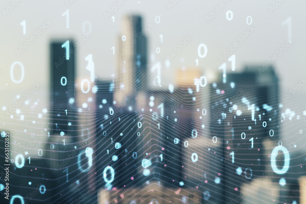 Leinwandbilder abstract virtual binary code hologram on blurry skyscrapers background, ai and machine learning conc