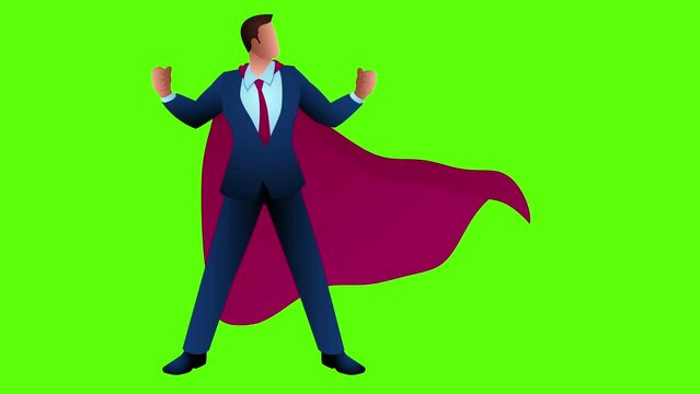 Businessman as a superhero standing against green screen, accomplishment, determination, conquer obstacles, motion graphics