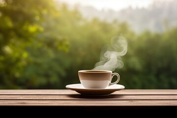 Naklejka na ściany i meble Morning brew in garden. Perfect start to day. Cup of serenity. Morning coffee in natural. Fresh aromatic espresso amidst woodland beauty. Wooden table and nature ambience