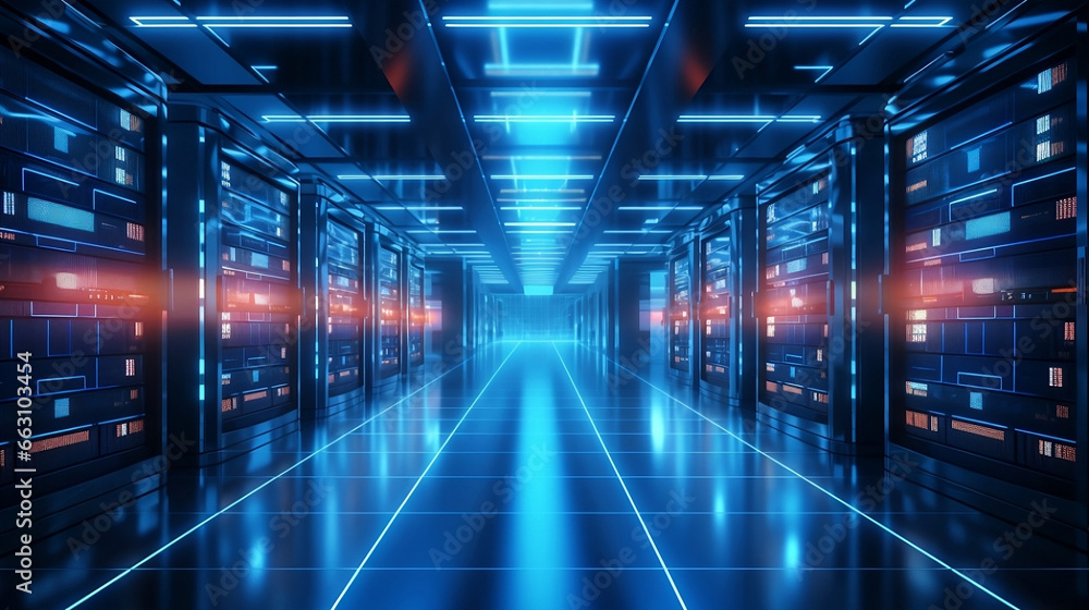 Poster modern server room or server computers with servers racks with blue lights, data center interior, mo